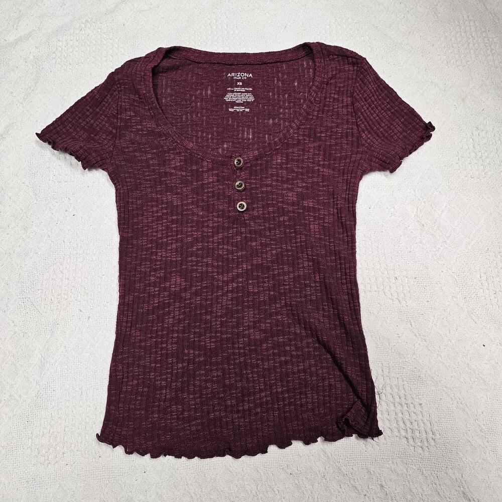 Arizona Burgundy Ribbed Henley Scoop Neck Slim Fit Short Sleeve T-Shirt XS